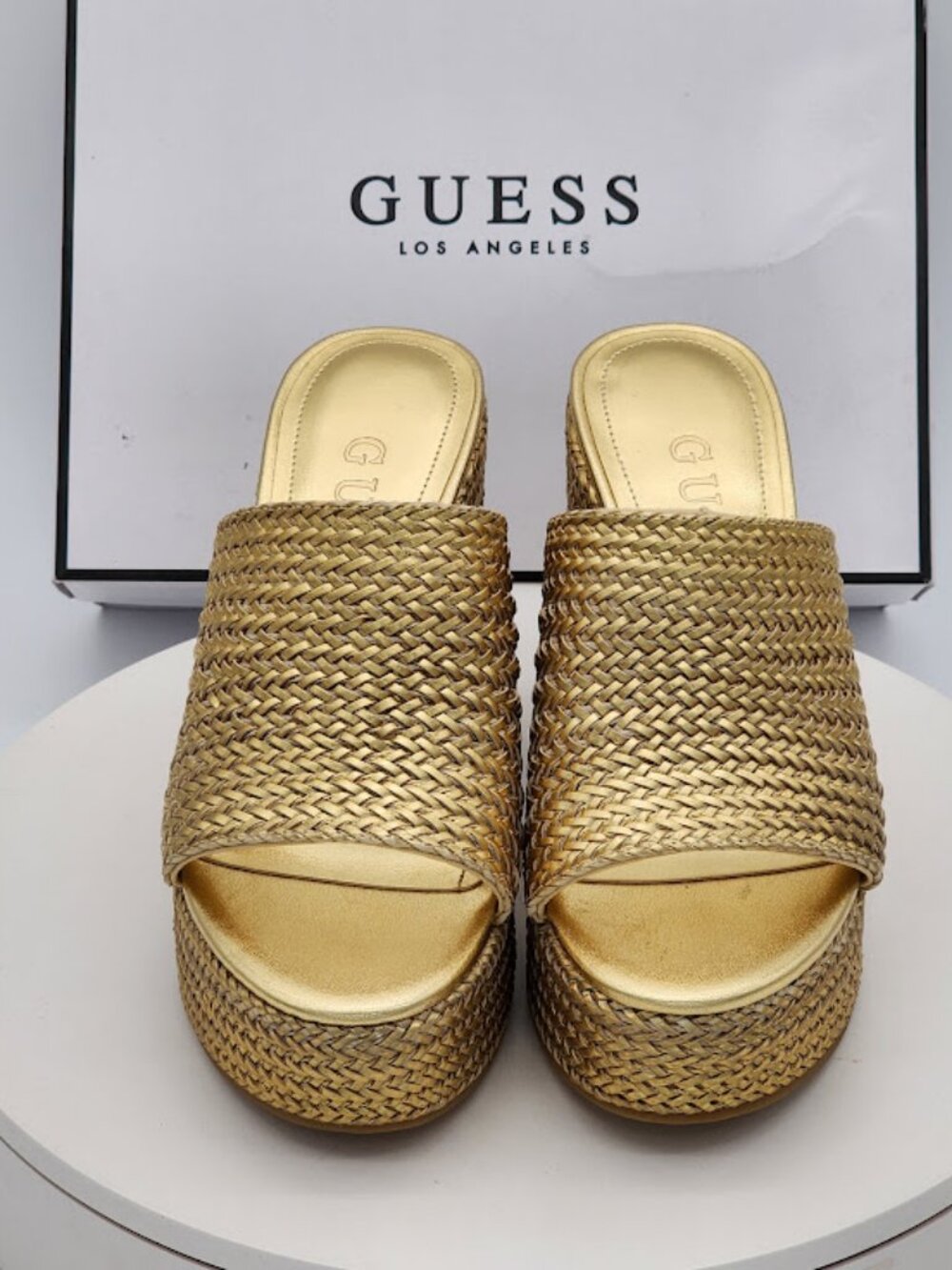 GUESS Yenisa Gold Woven Platform Wedge Slide Sandals Women's Size 7 M - Picture 7 of 9